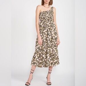 En Saison Kinsley Floral Printed Asymmetric One Shoulder Smocked Midi Dress S
